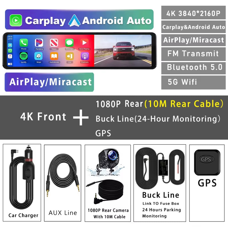 11.26" 4K 2160P Car Dvr Carplay Android Auto Dash Cam GPS WIFI BT FM Stream Rear View Mirror Dashcam Dvrs Camera Drive Recorder