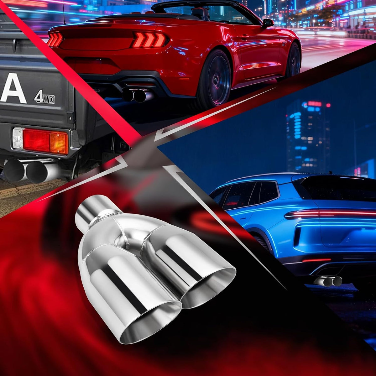 Dual Exhaust Tip 3 Inch Inlet 4" Dual Outlet 12" Overall Length Polished Stainless Weld-On Duo Layer Angle Exhaust Tailpipe Tips for Car Truck (Right)