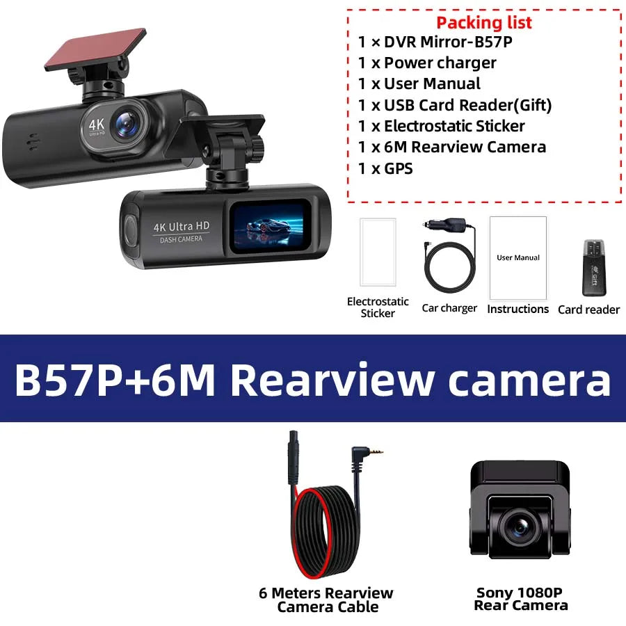 Dash Cam UHD 4K for Car Camera Night Vision with GPS Wifi 24H Parking Loop Record 4K Front and 1080P Rear Dual Lens