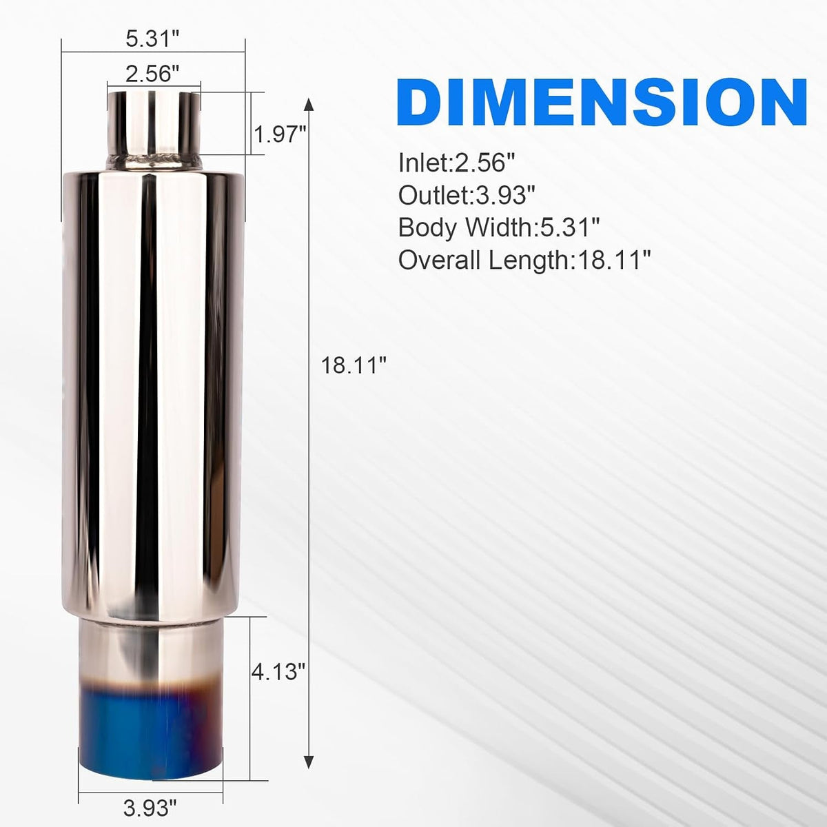 2.5 Inch Inlet 4.0 Inch Outlet Exhaust Muffler 2.5" to 4.0" Universal 18.5" Length Stainless Steel Polished Exhaust Tip Burnt Blue