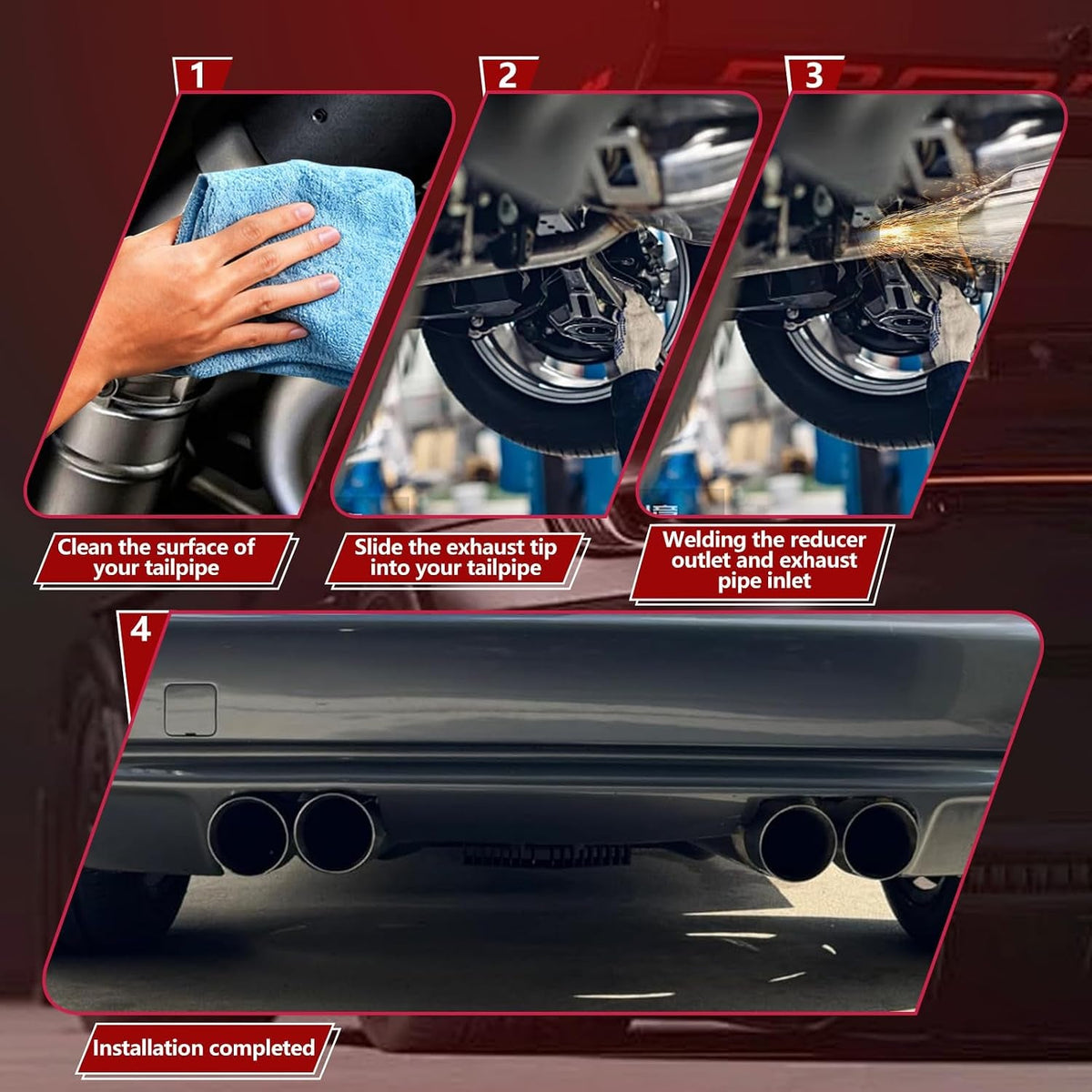 Dual Exhaust Tip 3 Inch Inlet 4" Dual Outlet 12" Overall Length Polished Stainless Weld-On Duo Layer Angle Exhaust Tailpipe Tips for Car Truck (Right)