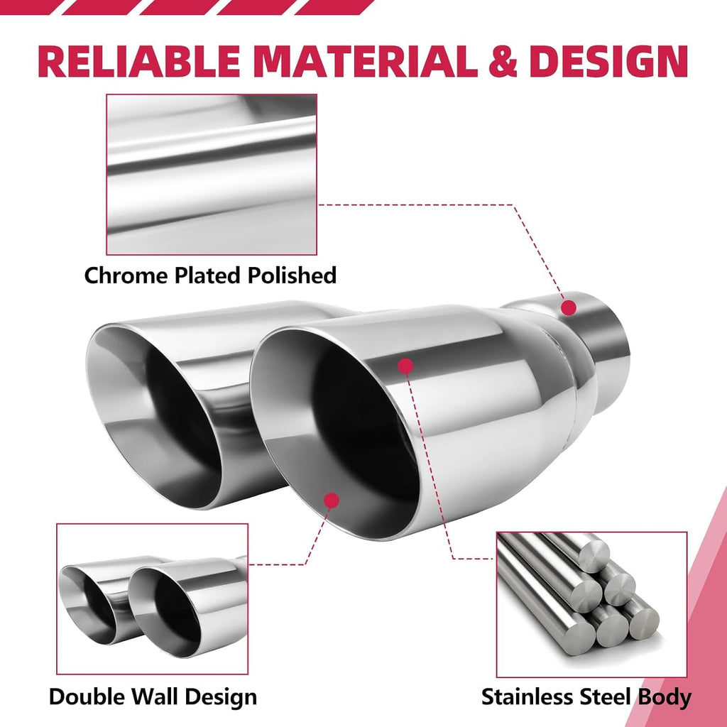 Dual Exhaust Tip 3 Inch Inlet 4" Dual Outlet 12" Overall Length Polished Stainless Weld-On Duo Layer Angle Exhaust Tailpipe Tips for Car Truck (Right)