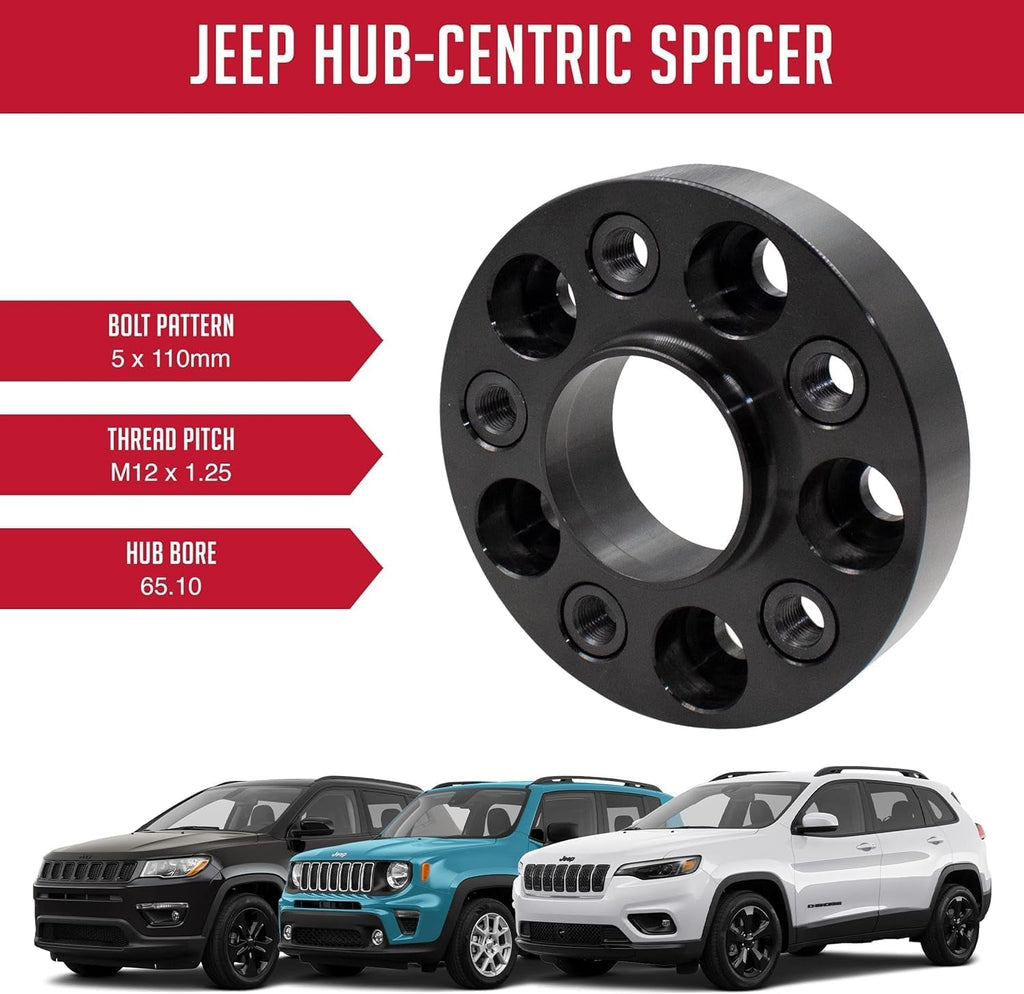 Wheel Spacer Bolt on Spacer Kit 5X110 30Mm 65.1M ID OD with M12X1.25 Black Bolts Fits 2014-2022 Jeep Cherokee 2017-2023 Compass 2015-2023 Renegade