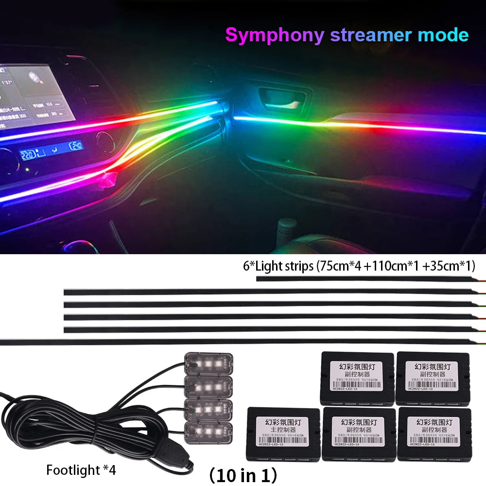 18 in 1 Symphony Car Ambient Lights LED RGB 64 Colors Hidden Neon Acrylic Strip Interior Atmosphere Lamps Kit Black Tape Sticker