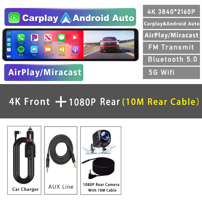 11.26" 4K 2160P Car Dvr Carplay Android Auto Dash Cam GPS WIFI BT FM Stream Rear View Mirror Dashcam Dvrs Camera Drive Recorder