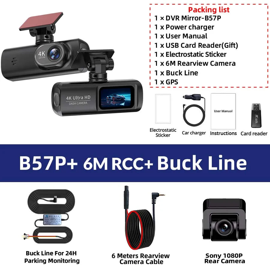 Dash Cam UHD 4K for Car Camera Night Vision with GPS Wifi 24H Parking Loop Record 4K Front and 1080P Rear Dual Lens