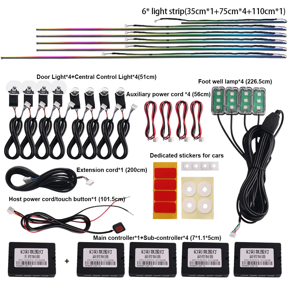 18 in 1 Symphony Car Ambient Lights LED RGB 64 Colors Hidden Neon Acrylic Strip Interior Atmosphere Lamps Kit Black Tape Sticker