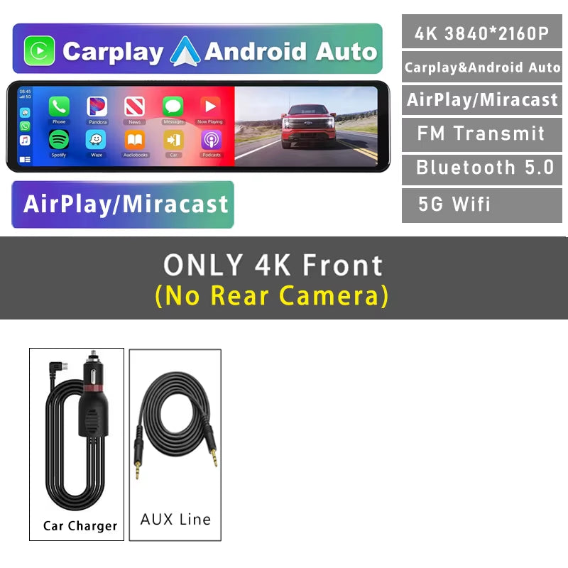 11.26" 4K 2160P Car Dvr Carplay Android Auto Dash Cam GPS WIFI BT FM Stream Rear View Mirror Dashcam Dvrs Camera Drive Recorder