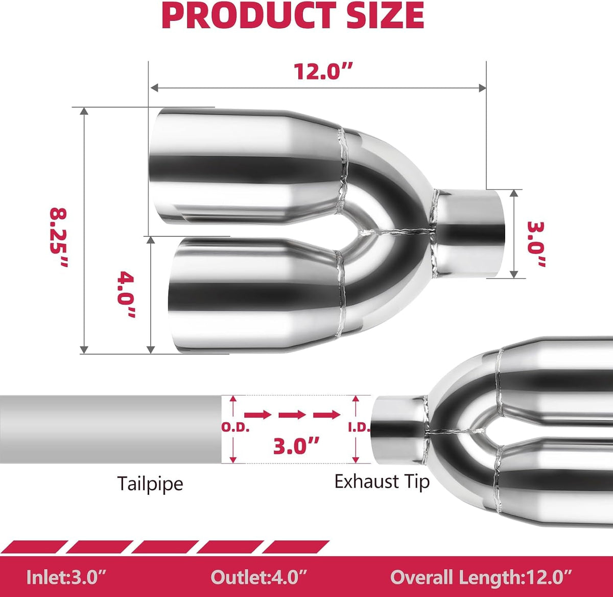 Dual Exhaust Tip 3 Inch Inlet 4" Dual Outlet 12" Overall Length Polished Stainless Weld-On Duo Layer Angle Exhaust Tailpipe Tips for Car Truck (Right)