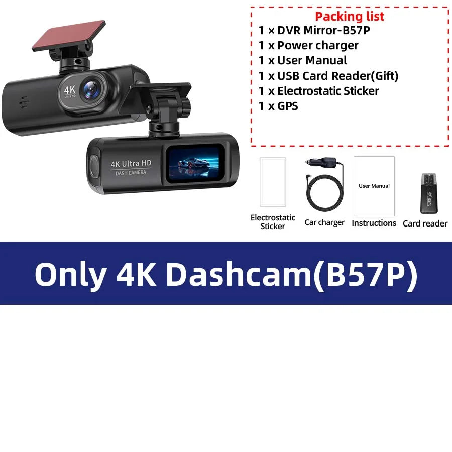 Dash Cam UHD 4K for Car Camera Night Vision with GPS Wifi 24H Parking Loop Record 4K Front and 1080P Rear Dual Lens