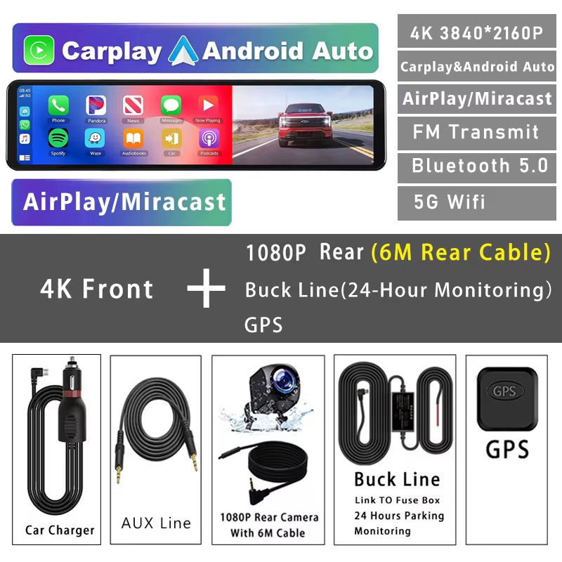 11.26" 4K 2160P Car Dvr Carplay Android Auto Dash Cam GPS WIFI BT FM Stream Rear View Mirror Dashcam Dvrs Camera Drive Recorder