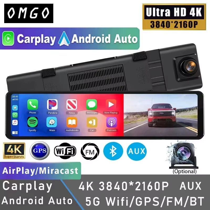 11.26" 4K 2160P Car Dvr Carplay Android Auto Dash Cam GPS WIFI BT FM Stream Rear View Mirror Dashcam Dvrs Camera Drive Recorder