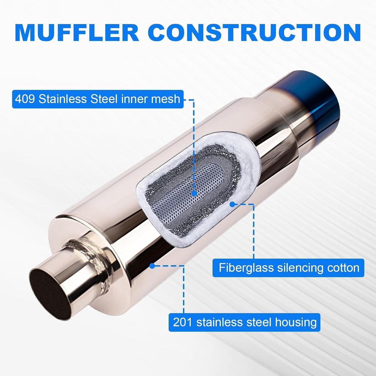 2.5 Inch Inlet 4.0 Inch Outlet Exhaust Muffler 2.5" to 4.0" Universal 18.5" Length Stainless Steel Polished Exhaust Tip Burnt Blue