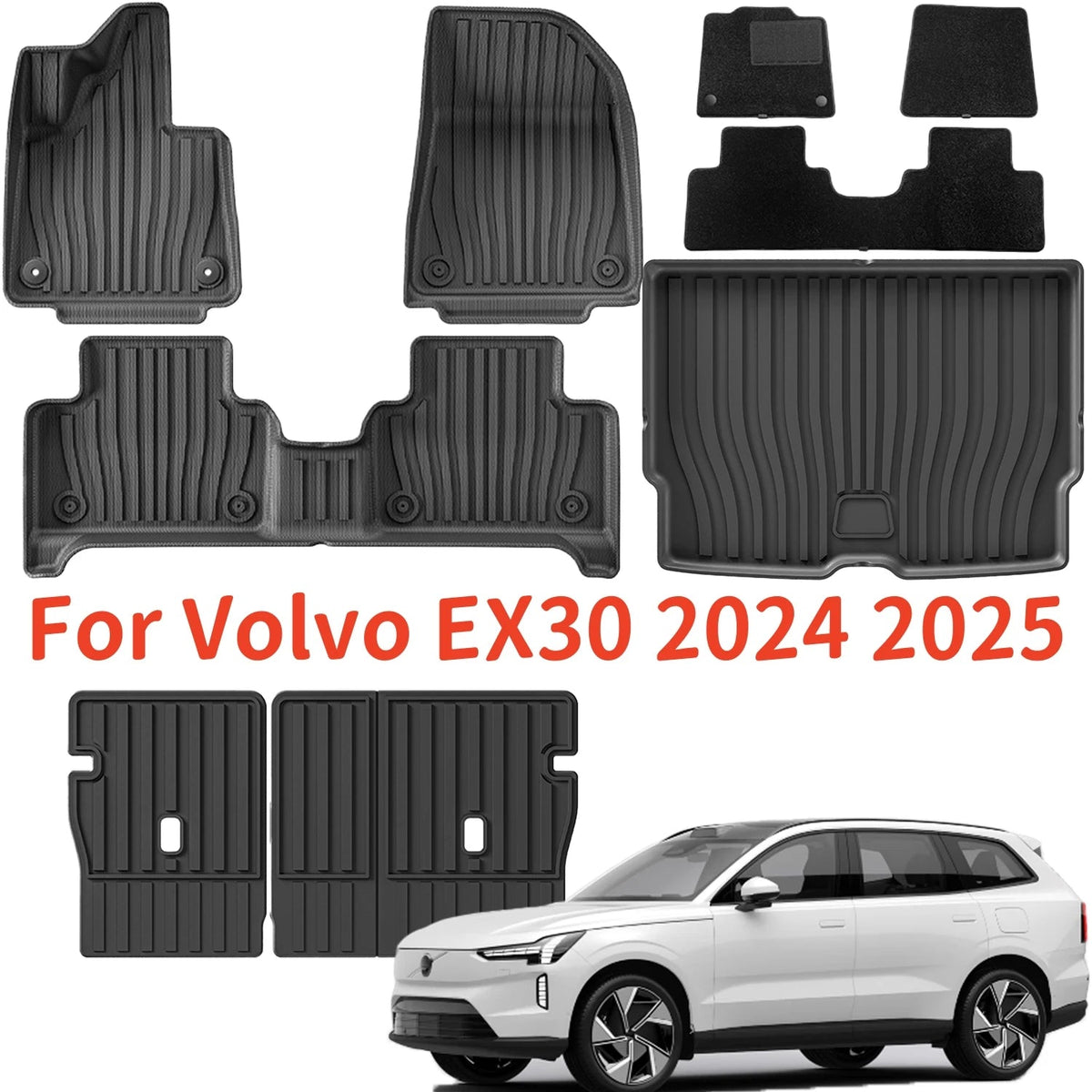 For Volvo EX30 2024 2025 Left & Right Hand Drive TPE Floor Mats Trunk Mat, All Weather Waterproof Cargo Liner Backrest Protector
