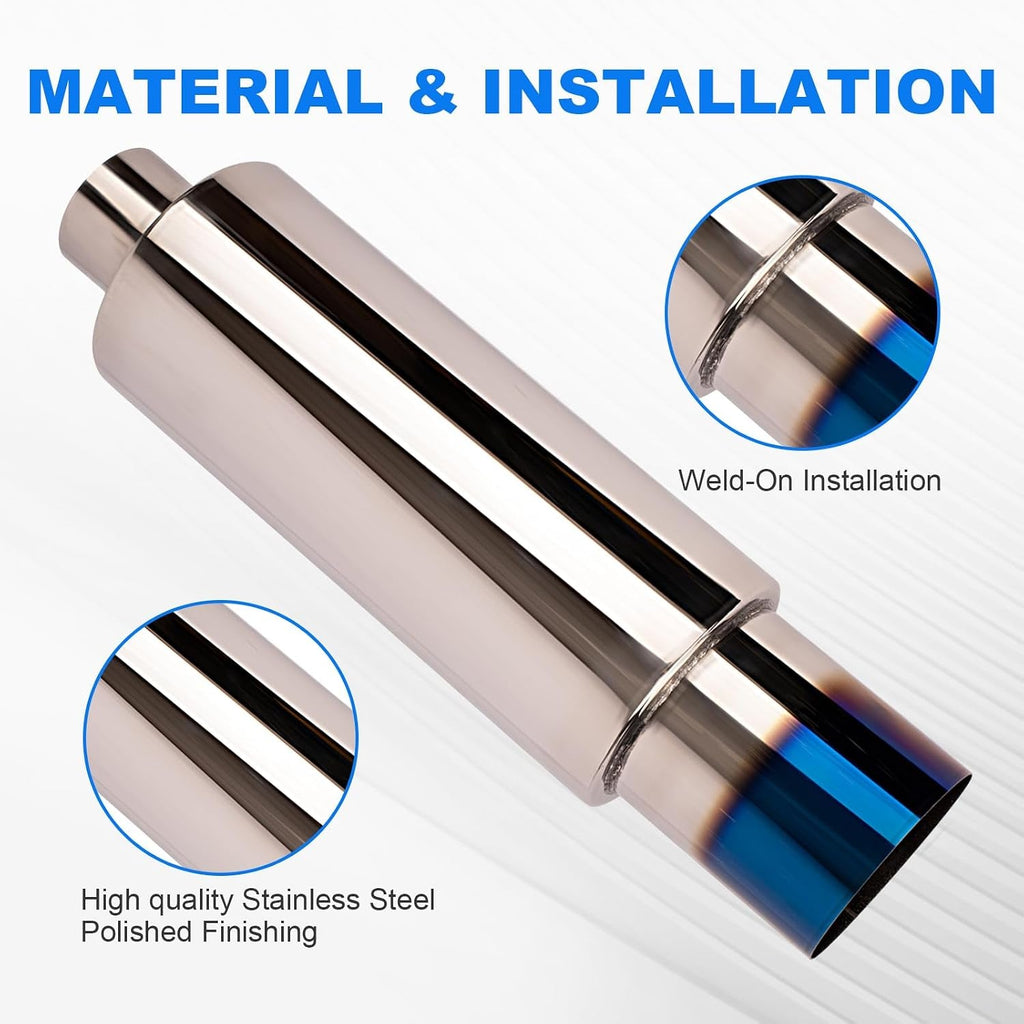 2.5 Inch Inlet 4.0 Inch Outlet Exhaust Muffler 2.5" to 4.0" Universal 18.5" Length Stainless Steel Polished Exhaust Tip Burnt Blue