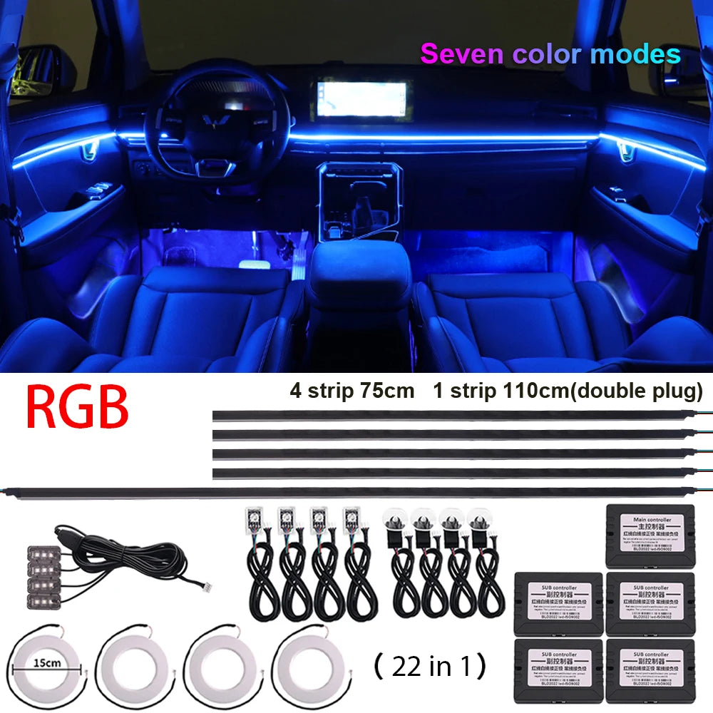 18 in 1 Symphony Car Ambient Lights LED RGB 64 Colors Hidden Neon Acrylic Strip Interior Atmosphere Lamps Kit Black Tape Sticker