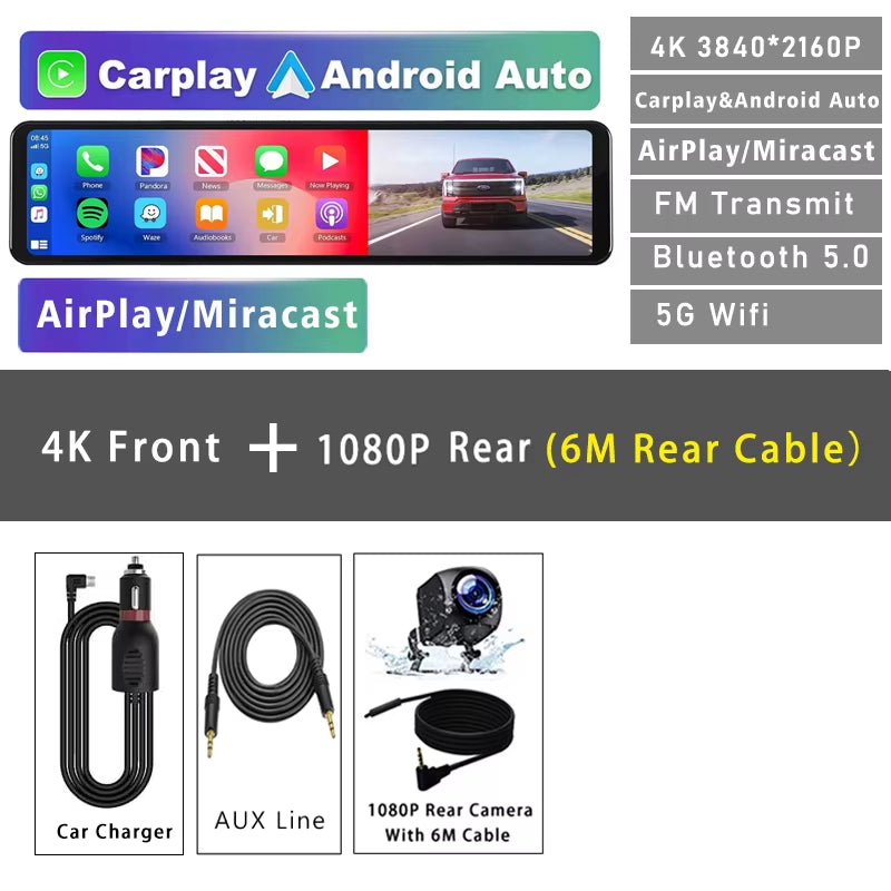 11.26" 4K 2160P Car Dvr Carplay Android Auto Dash Cam GPS WIFI BT FM Stream Rear View Mirror Dashcam Dvrs Camera Drive Recorder